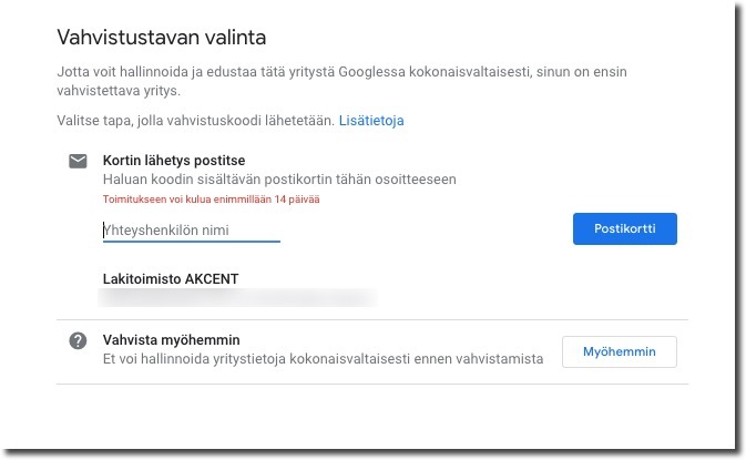 Vahvistustavan valinta - Google My Business