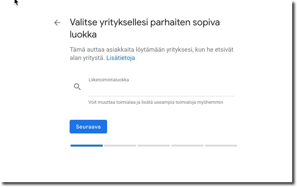 Google pyytää sinua täyttämään toimialasi eli luokkasi Google My Business -profiiliin