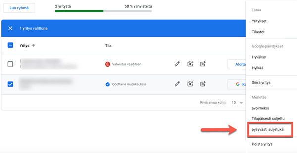 Askel 1 - Valitse vasemmasta alareunasta Yritykset-painike Google My Business Geepeli Blogi