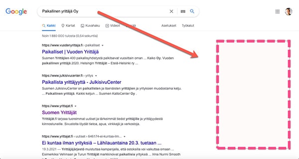 Yrityksellä on Google Business tili jos hakutuloksissa oikealla näkyy yrityksen tietopaneeli - Google markkinointi - Geepeli